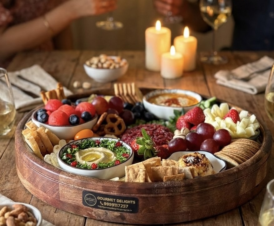 A Gourmet Delights round grazing platter with dips, fresh fruit, cheese and crackers, set on a table with candlelight and wine for a Diwali gathering