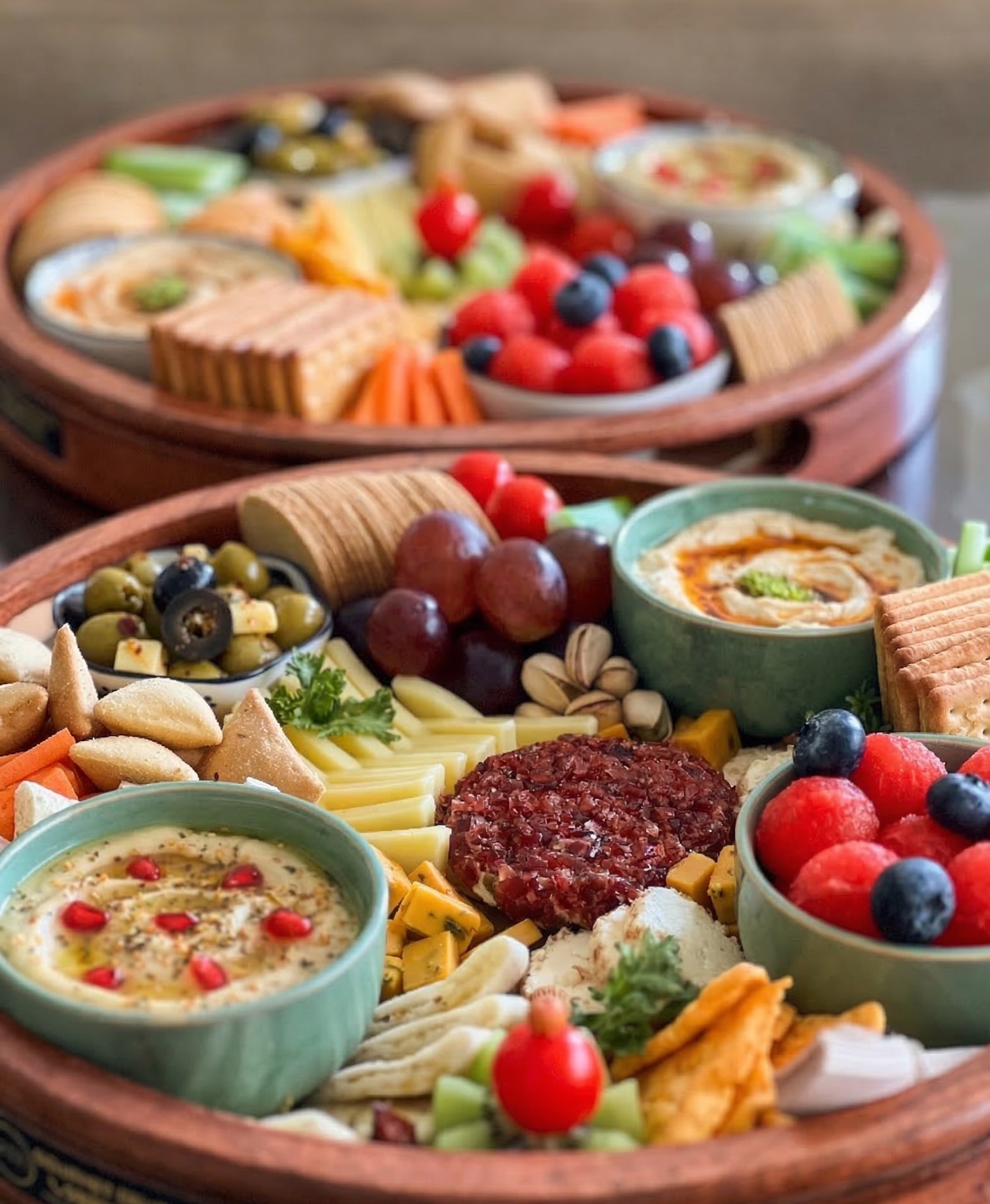Two grazing platters with cheeses, fruits and dips